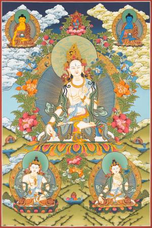 White Tara Thangka Painting | Original Hand-Painted Female Bodhisattva Art | Wall Decor Painting | Art Painting for Meditation and Yoga